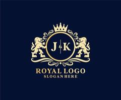 modelo de logotipo de luxo real de leão de letra jk inicial em arte vetorial para restaurante, realeza, boutique, café, hotel, heráldica, joias, moda e outras ilustrações vetoriais. vetor