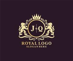 modelo de logotipo de luxo real de leão de letra jq inicial em arte vetorial para restaurante, realeza, boutique, café, hotel, heráldica, joias, moda e outras ilustrações vetoriais. vetor