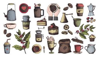 café ingredientes e Itens dentro esboço estilo, conjunto dentro cor. café, grãos e canecas, café moedor e sobremesas ícones. vetor ilustração