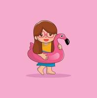 uma menina brincando com um vetor de bóia flamingo