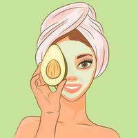 uma garota com uma máscara cosmética e abacate