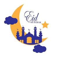 eid Mubarak islâmico papel de parede para Ramadã ou adha, a brilhando lua e Estrela com lindo mesquita e fofa nuvens vetor