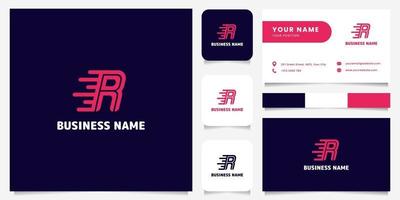 Logotipo de velocidade simples e minimalista rosa brilhante letra r em fundo escuro logotipo com modelo de cartão de visita vetor