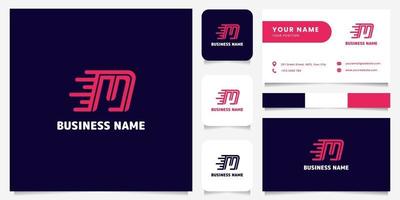 Logotipo de velocidade simples e minimalista rosa brilhante letra m em fundo escuro logotipo com modelo de cartão de visita vetor