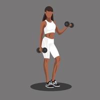 sem rosto ginástica africano americano mulher dentro roupa de esporte em pé e fazendo uma exercite-se com a halteres. exercite-se e Esportes Treinamento conceito. vetor ilustração