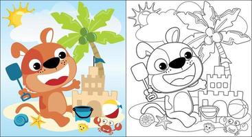 vetor desenho animado do fofa cachorro Construir areia castelo com marinho animais, de praia verão elementos, coloração livro ou página