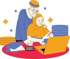 muçulmano homem e mulher trabalhando às casa com computador portátil. plano vetor ilustração.