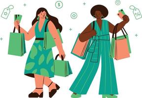 dois mulheres com compras bolsas. vetor ilustração dentro plano desenho animado estilo.