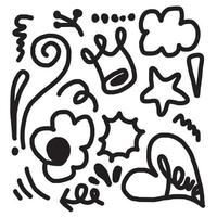 mão desenhada conjunto elemento,preto sobre fundo branco.seta,folhas,balão do discurso,coração,luz,rei,ênfase,redemoinho,para o projeto de conceito. vetor