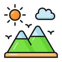 uma lindo Visão do a montanha panorama. montanha e Sol denotando ícone do Colina estação dentro na moda estilo vetor