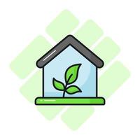 folhas plantar com casa denotando conceito ícone do eco casa, estufa vetor