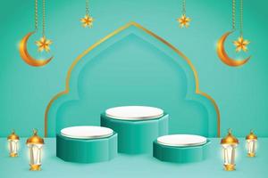 Exibição de produto 3D com tema islâmico em pódio azul e branco com lua crescente, lanterna e estrela para o ramadã vetor