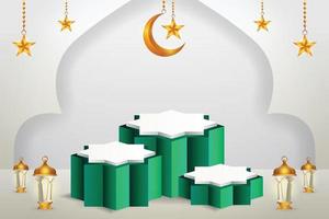 Exibição de produto 3D islâmico com tema de pódio verde e branco com lua crescente, lanterna e estrela para o ramadã vetor