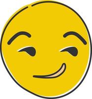 sorrindo emoji. amarelo face com sugestivo, presunçoso ou pernicioso facial expressão. astuto emoticon. mão retirou, plano estilo emoticon. vetor