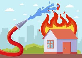 uma casa em chamas com uma mangueira de incêndio ajudando vetor