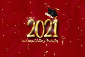 classe de 2021 banner de formatura com número dourado, confete, diploma e formatura de boné. vetor