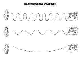 rastreamento linhas para crianças. fofa cavalo marinho e anêmonas. escrevendo prática. vetor