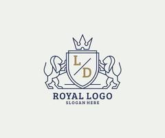 modelo de logotipo de luxo real de leão de letra ld inicial em arte vetorial para restaurante, realeza, boutique, café, hotel, heráldica, joias, moda e outras ilustrações vetoriais. vetor