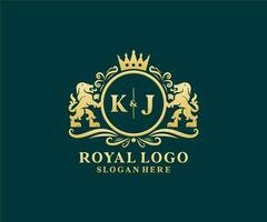 modelo de logotipo de luxo real de leão de letra kj inicial em arte vetorial para restaurante, realeza, boutique, café, hotel, heráldica, joias, moda e outras ilustrações vetoriais. vetor