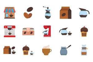 café elemento conjunto ícone ilustração. plano ícone estilo. café máquina, café comprar, café Panela, moedor, café feijões, expresso, creme e outros. simples vetor Projeto editável