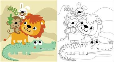 vetor desenho animado do desenho animado engraçado animal empilhado acima. coloração livro ou página
