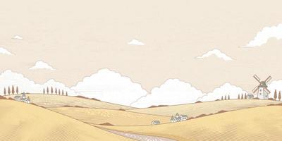 gravação ilustração do a agrícola Vila Incluindo moinhos de vento, granjas, e Fazenda Campos vetor
