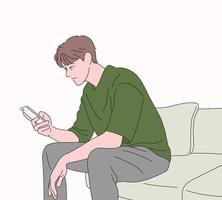 um homem está sentado em um sofá e olhando para um telefone celular. mão desenhada estilo ilustrações vetoriais. vetor