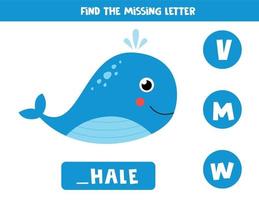 encontrar a letra que faltava com a baleia azul bonito dos desenhos animados. vetor