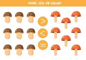 jogo de matemática para crianças, mais, menos ou igual aos cogumelos da floresta. vetor