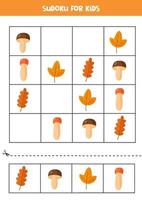 sudoku para crianças com cogumelos e folhas de outono. vetor