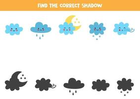 Encontre as sombras corretas de nuvens fofas. quebra-cabeça lógico para crianças. vetor