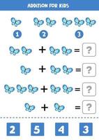 Além disso, com lindas borboletas azuis. planilha de matemática para crianças. vetor