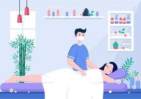 ilustração vetorial de massagem em salão de beleza, spa corporal, relaxamento, facial essencial e cuidados com a pele. design plano vetor