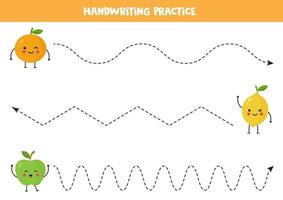 trace as linhas com a linda maçã kawaii, laranja e limão. vetor