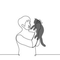 feliz masculino gato proprietário segurando uma cinzento gatinho dentro ambos mãos - 1 linha vetor desenho. conceito admirando uma bicho de estimação, amor para gatos, obtendo uma gatinho