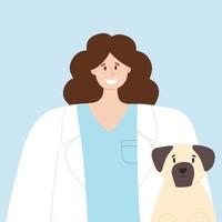 feliz veterinário com uma feliz cachorro. animal Cuidado vetor ilustração. plano estilo. menina veterinario doutor. mundo veterinário dia.