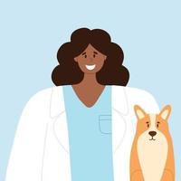 feliz veterinário com uma feliz cachorro. animal Cuidado vetor ilustração. plano estilo. africano menina veterinario doutor. mundo veterinário dia.