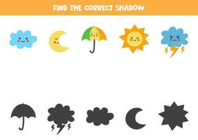 Encontre a sombra correta de elementos de clima bonitos. quebra-cabeça lógico para crianças. vetor