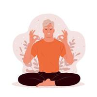 idosos homem com fechadas olhos meditando dentro ioga lótus postura. estresse consciência mês. a conceito do zen e harmonia. mental saúde consciência mês. vetor