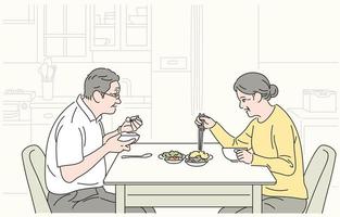 o velho casal está comendo junto. mão desenhada estilo ilustrações vetoriais. vetor