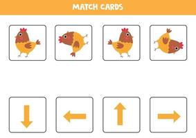 orientação para crianças. combinar cartas com flechas e galinha bonita. vetor
