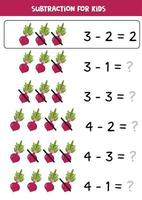 subtração para crianças. beterrabas de desenhos animados. jogo de matemática. vetor