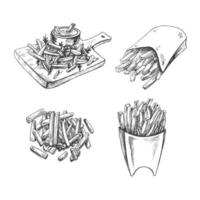 batata francês fritas rua comida rápida cardápio mão desenhado esboço isolado em branco fundo. vintage ilustração. elemento para a Projeto do rótulos, embalagem e cartões postais vetor
