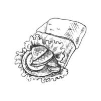 desenhado à mão esboço estilo burrito embrulho com legumes e carne peças isolado em branco fundo. velozes Comida ilustração. vintage desenho. elemento para a Projeto do rótulos, embalagem e cartões postais. vetor