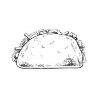 desenhado à mão esboço do taco em branco fundo. velozes Comida vintage ilustração. elemento para a Projeto do rótulos, embalagem e cartões postais vetor