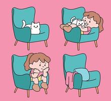 menina com um gato no sofá. mão desenhada estilo ilustrações vetoriais. vetor