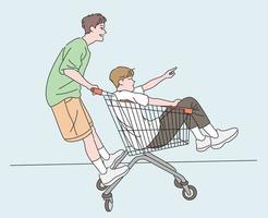 dois amigos estão jogando com cartões de compras. mão desenhada estilo ilustrações vetoriais. vetor