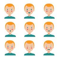 conjunto de várias expressões faciais de menino de cabelos vermelhos bonito dos desenhos animados. vetor