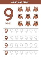planilha para aprender números com corujas fofas. número nove. vetor