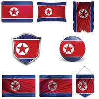 conjunto da bandeira nacional da Coreia do Norte em desenhos diferentes em um fundo branco. ilustração vetorial realista. vetor